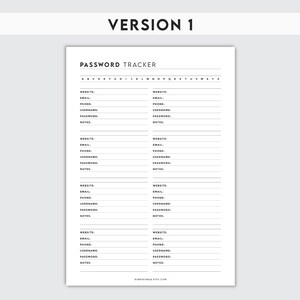 May include: A printable password tracker with a black and white design. The tracker has columns for website, email, phone, username, password, and notes.