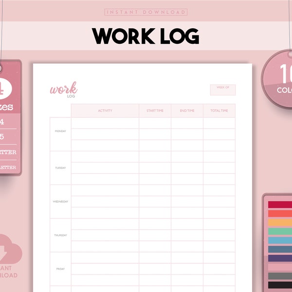 Time Log, Work Log Template, Work From Home, Productivity Planner, Activity Planner, Time Tracker, Work Time Log, Daily Work Planner