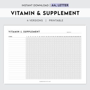 Puede incluir: Plantilla imprimible para el seguimiento de vitaminas y suplementos con una cuadrícula de 31 días y espacio para la lista de artículos. La plantilla está diseñada para uso mensual.