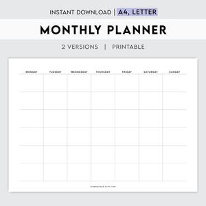 May include: A printable monthly planner template with a simple grid layout. The days of the week are labeled at the top: Monday, Tuesday, Wednesday, Thursday, Friday, Saturday, and Sunday.
