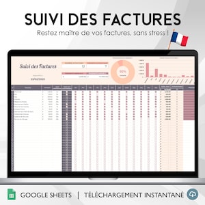 Peut inclure: Un écran d'ordinateur portable affichant un tableur Google Sheets intitulé "Suivi des Factures" avec un drapeau français dans le coin supérieur droit. Le tableur comprend un graphique, un tableau et le texte "Restez maître de vos factures, sans stress !". Le tableur est conçu pour aider les utilisateurs à suivre leurs factures.
