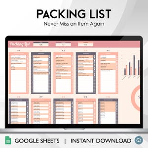 Packing List Template - Travel Essentials Checklist, Google Sheets Packing Organizer, Vacation Prep Planner