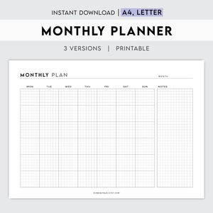 Puede incluir: Un planificador mensual imprimible con un diseño de cuadrícula para cada día de la semana, una sección de notas y el texto "MONTHLY PLAN" en la parte superior.