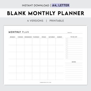 May include: A printable blank monthly planner with a calendar grid, to-do list, and notes section. The calendar grid has spaces for each day of the week, Monday through Sunday. The planner is designed for A4 or letter size paper.