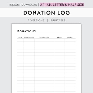 Donation Log | Charity Tracker, Giving Record | Fundraiser & Contribution Log | Instant Download