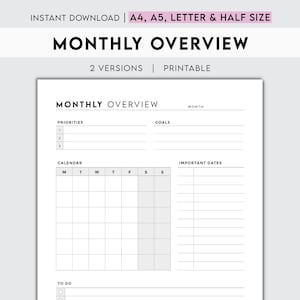 May include: A printable monthly planner with sections for priorities, goals, a calendar, important dates, and a to-do list. The planner is designed in a minimalist style with black text on a white background.