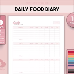 May include: Printable daily food diary template in pink with the text "DAILY FOOD DIARY" and "daily FOOD DIARY" in a cursive font. The template is divided into sections for breakfast, lunch, snack, and totals. Each section has columns for protein, carbs, fat, sugar, fiber, and calories. The template is available in 4 sizes: A4, A5, US Letter, and Half Letter. The template is also available in 10 colors.