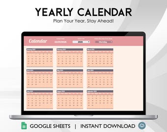 2025 Yearly Calendar Planner, Monthly Schedule (Google Sheets, Digital Download)
