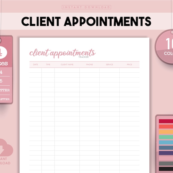 Client Info, Appointments, Appointment Tracker, Appointment Planner, Client Appointment, Appointment Log, Client List, Appointment Sheet