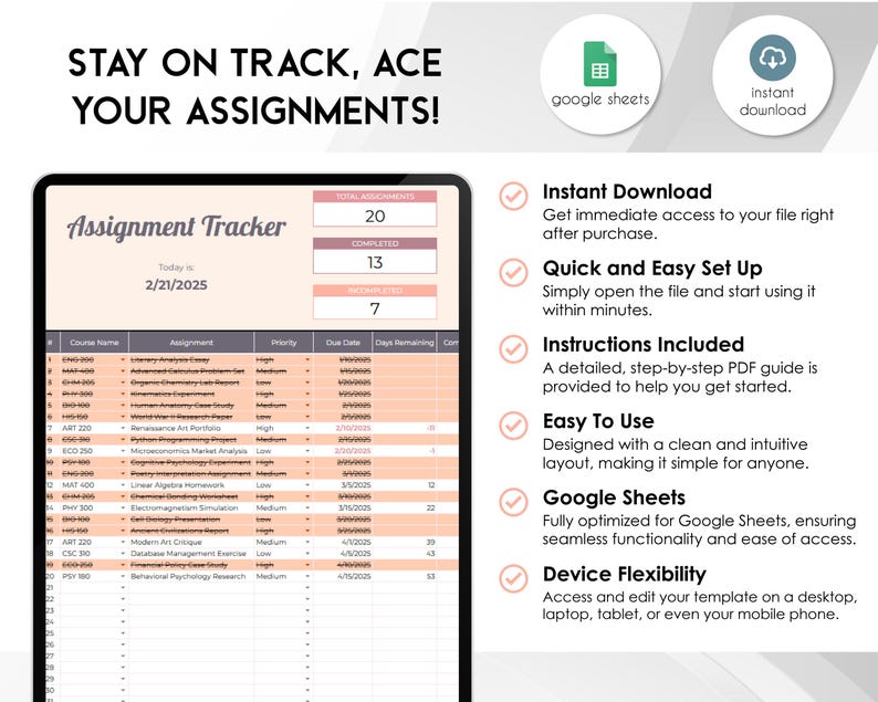 May include: A digital assignment tracker template displayed on a tablet. The template includes sections for course names, assignments, due dates, and completion status. Text at the top reads "Stay on Track, Ace Your Assignments!"