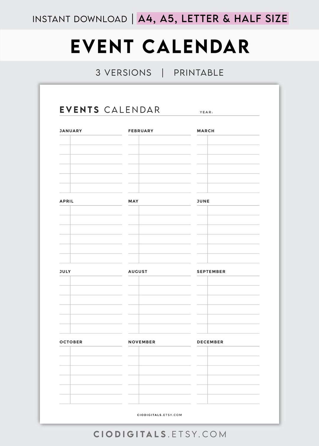 Personal Event Calendar Yearly Event Calendar | Customizable Celebration Tracker & Activity ...