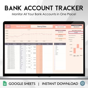 Bank Account Tracker Google Sheets, Digital Bank Ledger, Personal Finance Spreadsheet, Account Balance Tracker, Money Management Template