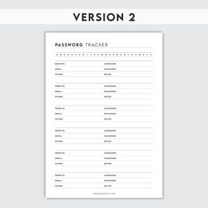 May include: A printable password tracker with a black and white design. The tracker has sections for website, email, username, password, and notes.