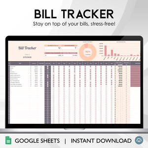 Puede incluir: Una captura de pantalla de una hoja de cálculo de Google Sheet titulada "Bill Tracker" con un esquema de color rosa y gris. La hoja de cálculo incluye un calendario, un gráfico circular, un gráfico de barras y una tabla con columnas para el nombre de la factura, el importe, la fecha de vencimiento, la fecha de pago y las notas. El texto "¡Mantente al tanto de tus facturas, sin estrés!" se muestra encima de la hoja de cálculo.