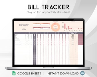 Può includere: Uno screenshot di un foglio di calcolo Google Sheet intitolato "Bill Tracker" con uno schema di colori rosa e grigio. Il foglio di calcolo include un calendario, un grafico a torta, un grafico a barre e una tabella con colonne per il nome della fattura, l'importo, la data di scadenza, la data di pagamento e le note. Il testo "Rimani al top delle tue bollette, senza stress!" è visualizzato sopra il foglio di calcolo.
