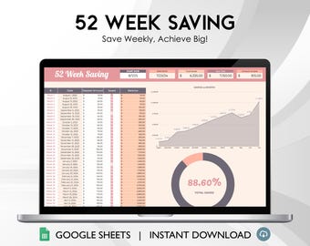 Tracker del piano di risparmio di 52 settimane, foglio di calcolo degli obiettivi finanziari (download digitale di Google Fogli)
