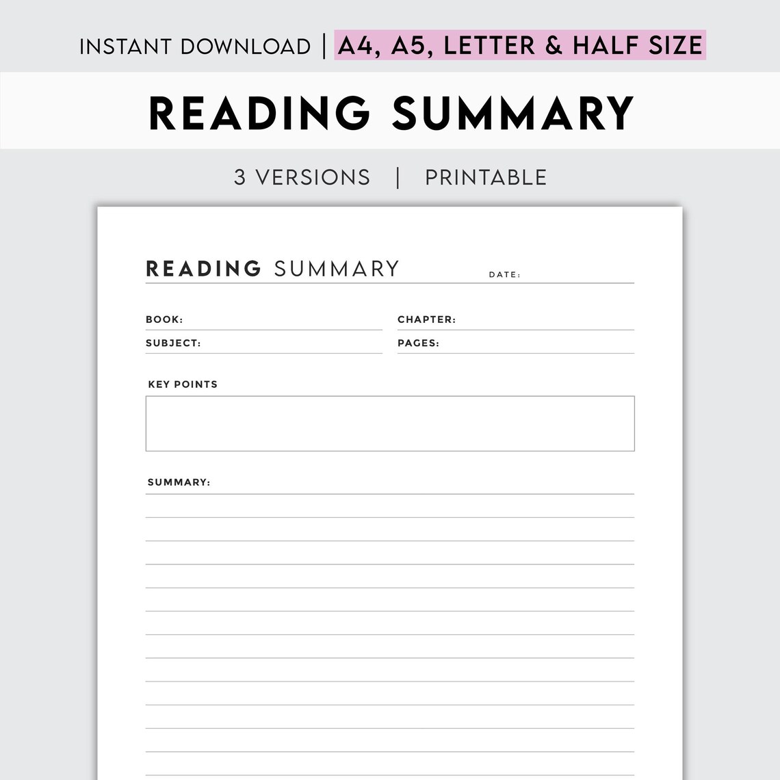 Notes Log Printable Printable Reading Summary | Book Note & Log (digital Download) - Etsy