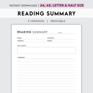Peut inclure: Modèle de résumé de lecture imprimable avec des sections pour le titre du livre, le sujet, les points clés, le résumé, le chapitre, les pages et la date.