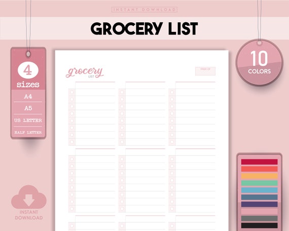 Printable Grocery List Template, 4 Sizes, 10 Colors (PDF)