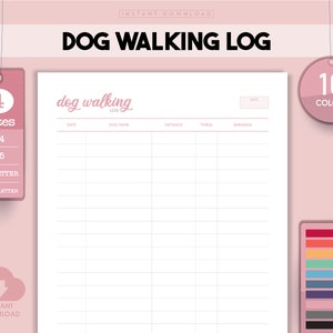 以下が含まれることがあります： 10色の印刷可能な犬の散歩ログテンプレート。ログには、日付、犬の名前、距離、時間、収入の列が含まれています。テンプレートは、A4、A5、USレター、ハーフレターの4つのサイズでご利用いただけます。