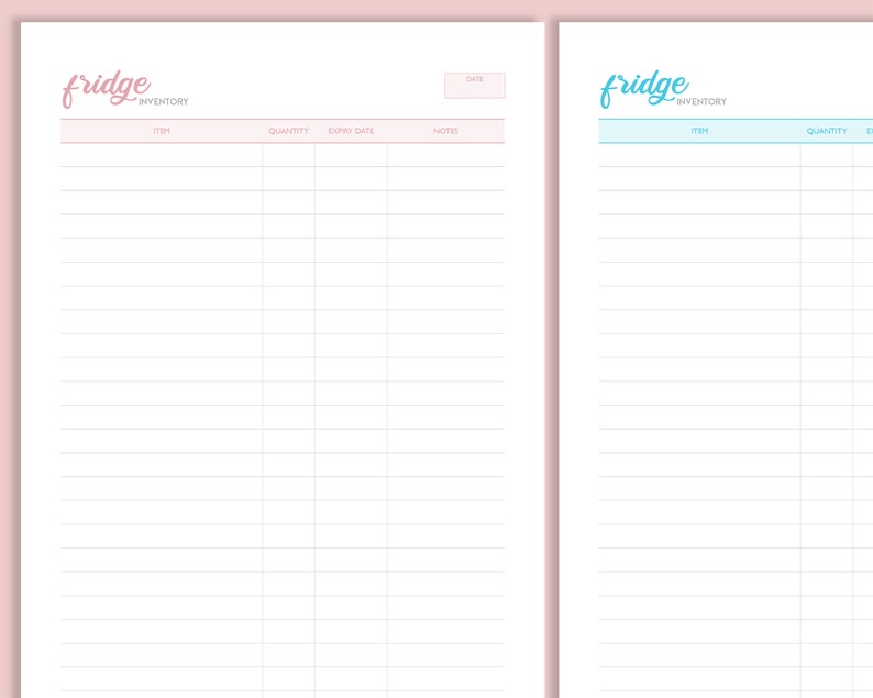 May include: Two printable fridge inventory lists. The left side has a pink background and the right side has a blue background. Both lists have the word "fridge" in a handwritten font and the word "inventory" in a smaller font. The lists have columns for item, quantity, expiry date, and notes.