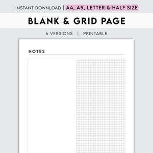 May include: Printable blank and grid page template for notes. The page is divided into two sections, one blank and one with a grid.