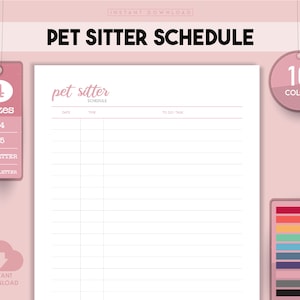 Puede incluir: Planificador de agenda para cuidadores de mascotas imprimible en 10 colores. El planificador tiene columnas para la fecha, la hora y la tarea a realizar. Está disponible en 4 tamaños: A4, A5, US Letter y Half Letter.