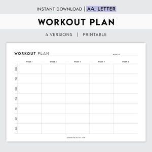 Puede incluir: Una plantilla de plan de entrenamiento imprimible con una cuadrícula para cada día de la semana y cinco semanas. La plantilla está etiquetada como "Plan de entrenamiento" e incluye los días de la semana, los números de semana y un espacio para el mes.