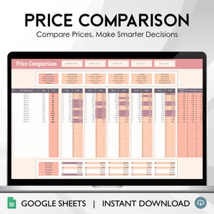 Puede incluir: Una pantalla de portátil que muestra una hoja de cálculo titulada "Price Comparison". La hoja de cálculo tiene columnas para descripciones de artículos, cantidades y precios. El texto "Compare Prices, Make Smarter Decisions" está encima de la pantalla. Las palabras "GOOGLE SHEETS | INSTANT DOWNLOAD" están en la parte inferior.
