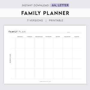 Op de afbeelding: Een printbare gezinsagenda met een leeg wekelijks rooster. Het rooster heeft ruimte voor elke dag van de week, van maandag tot en met zondag, en een kolom voor de namen van de leden. De tekst "FAMILY PLAN" staat bovenaan de pagina, en "DATE" staat rechtsboven.