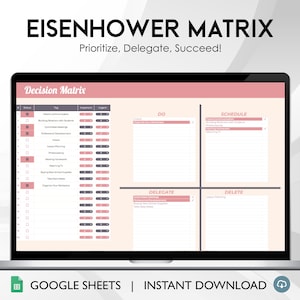 May include: A pink and white Google Sheet template for an Eisenhower Matrix. The template is divided into four quadrants labeled "Do", "Schedule", "Delegate", and "Delete". The template includes a column for task status, task name, importance, and urgency.