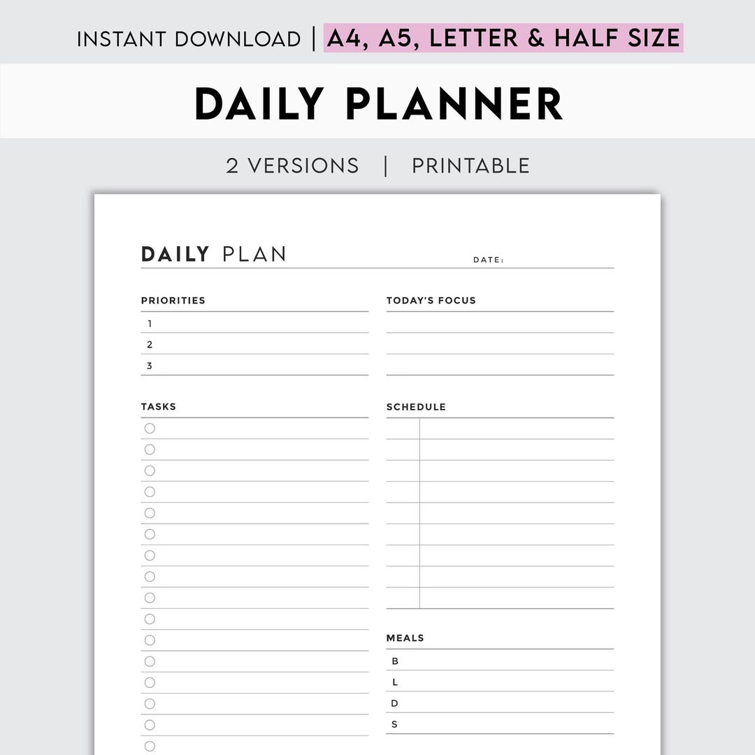 Daily Schedule Planner Printable With Meal Plan & Priority Tracker ...
