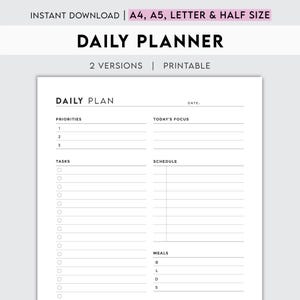Puede incluir: Un planificador diario imprimible con secciones para prioridades, el enfoque de hoy, tareas, horario y comidas. El planificador está diseñado en un estilo simple y minimalista con texto negro sobre fondo blanco.
