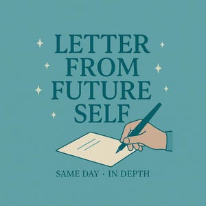 May include: Illustration with a teal background and the text "LETTER FROM FUTURE SELF." A hand holding a pen writes on a paper. The text "SAME DAY • IN DEPTH" is at the bottom. White star shapes are scattered around the text.