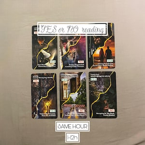 Puede incluir: Seis cartas de tarot con bordes agrietados, cada una con una imagen diferente y una respuesta sí o no. Las cartas están dispuestas en dos filas de tres. La fila superior dice "YES or NO reading". La fila inferior dice "SAME HOUR -H2h".