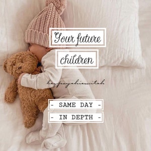 Pode incluir: Um bebê vestindo um chapéu de tricô rosa e um pijama branco está dormindo com um urso de pelúcia marrom. O texto "Your future children" está escrito em preto sobre um fundo branco.