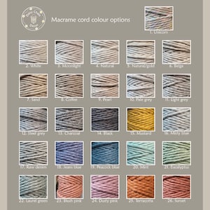 May include: A color chart displays macrame cord color options. The chart includes 26 color swatches, each labeled with a number and a color name. Colors range from Unicorn to Sunset, including shades of grey, blue, pink, and green.
