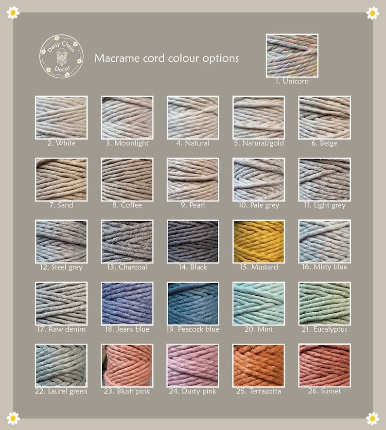 May include: A color chart displays macrame cord color options. The chart includes 26 color swatches, each labeled with a number and a color name. Colors range from Unicorn to Sunset, including shades of grey, blue, pink, and green.