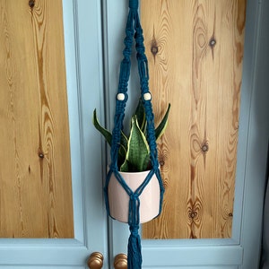 May include: A teal macrame plant hanger with a wooden ring and tassel, holding a light pink ceramic pot with a snake plant. The hanger is suspended from a copper hook. The background features wooden doors.