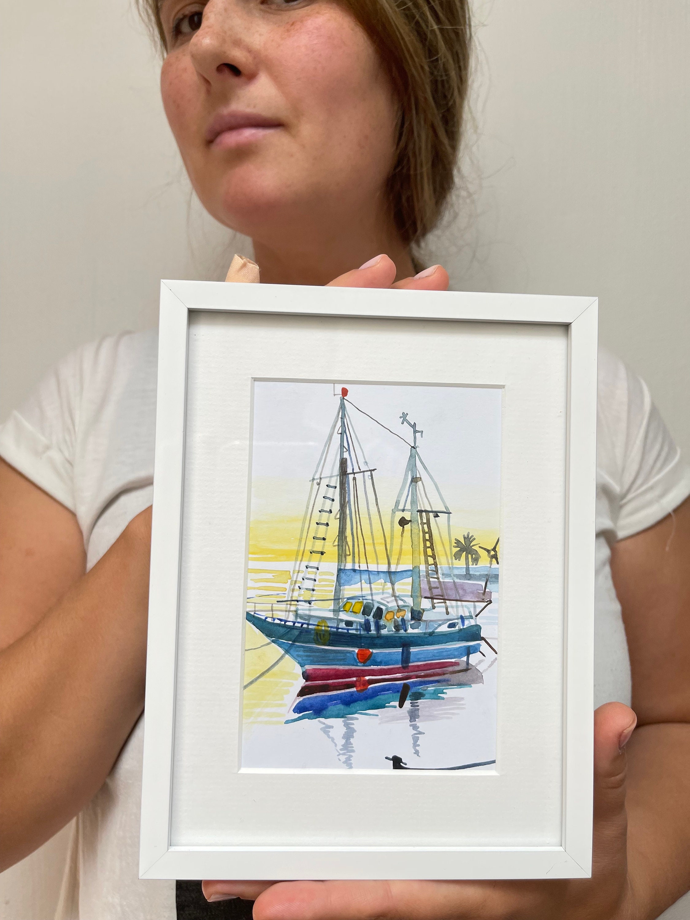 Aquarelleboatfrancegruissansascapeframedhandpainted