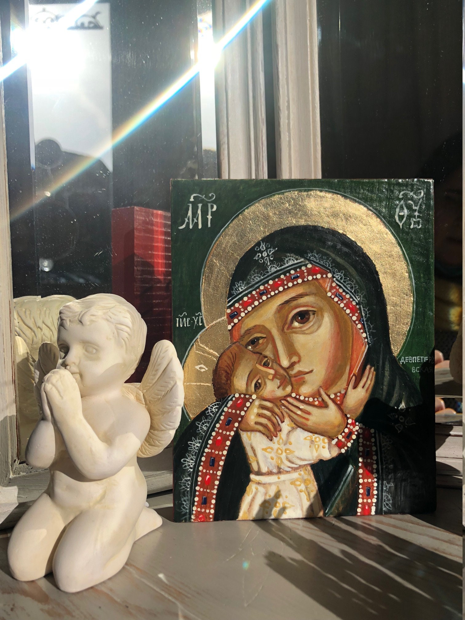 Icône Orthodoxe Sainte Mère de Dieu Devpeteruvskaya Vierge Marie Baptême Cadeau Peinture Oeuf Temper