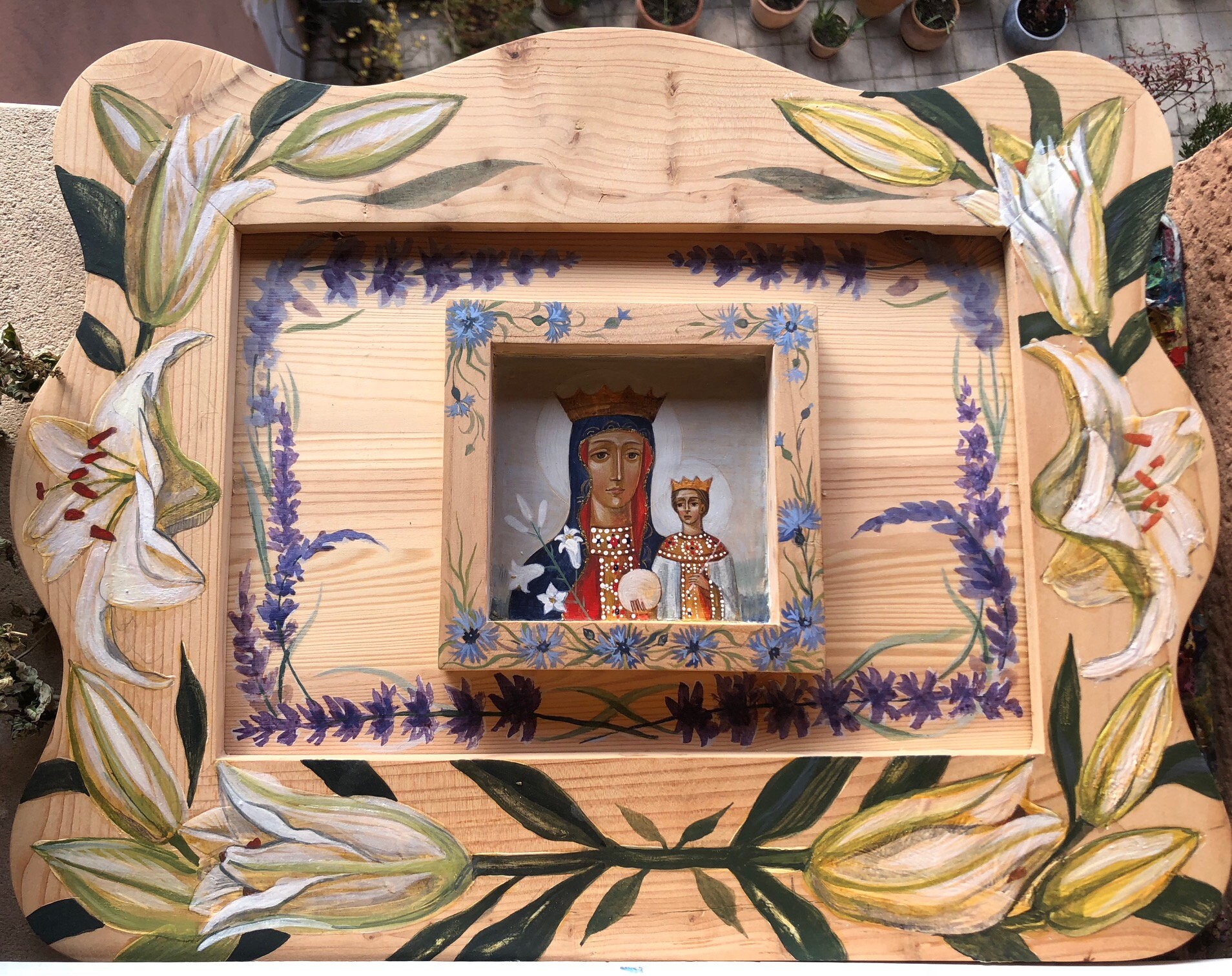 Icône Orthodoxe Vierge Marie Fleurs Peintes à La Main