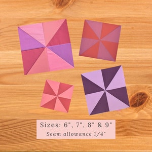 May include: Four fabric squares in different sizes, 6 inches, 7 inches, 8 inches, and 9 inches, with a pinwheel design in shades of pink, purple, and red. The text "Sizes: 6", 7", 8" & 9" Seam allowance 1/4" is below the squares.