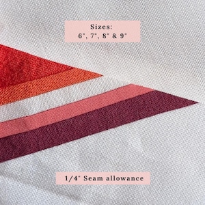 May include: Close-up of a fabric sample with a geometric design in shades of red, orange, and burgundy. The text "Sizes: 6", 7", 8" & 9"" and "1/4" Seam allowance" is displayed on the image. The fabric has a light gray background.