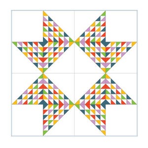 Op de afbeelding: Een kleurrijk geometrisch ontwerp met een stervormig patroon. Het ontwerp bestaat uit driehoeken in verschillende kleuren, waaronder rood, geel, groen, paars en blauw, tegen een witte achtergrond. De algehele uitstraling is modern en levendig.