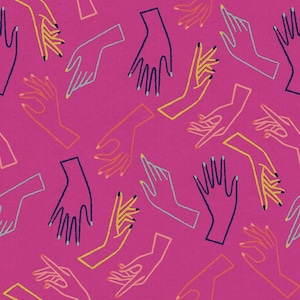 May include: A repeating pattern of stylized hands in various poses against a bright pink background. The hands are outlined in colours like yellow, orange, blue, and navy, with some featuring black nail polish.