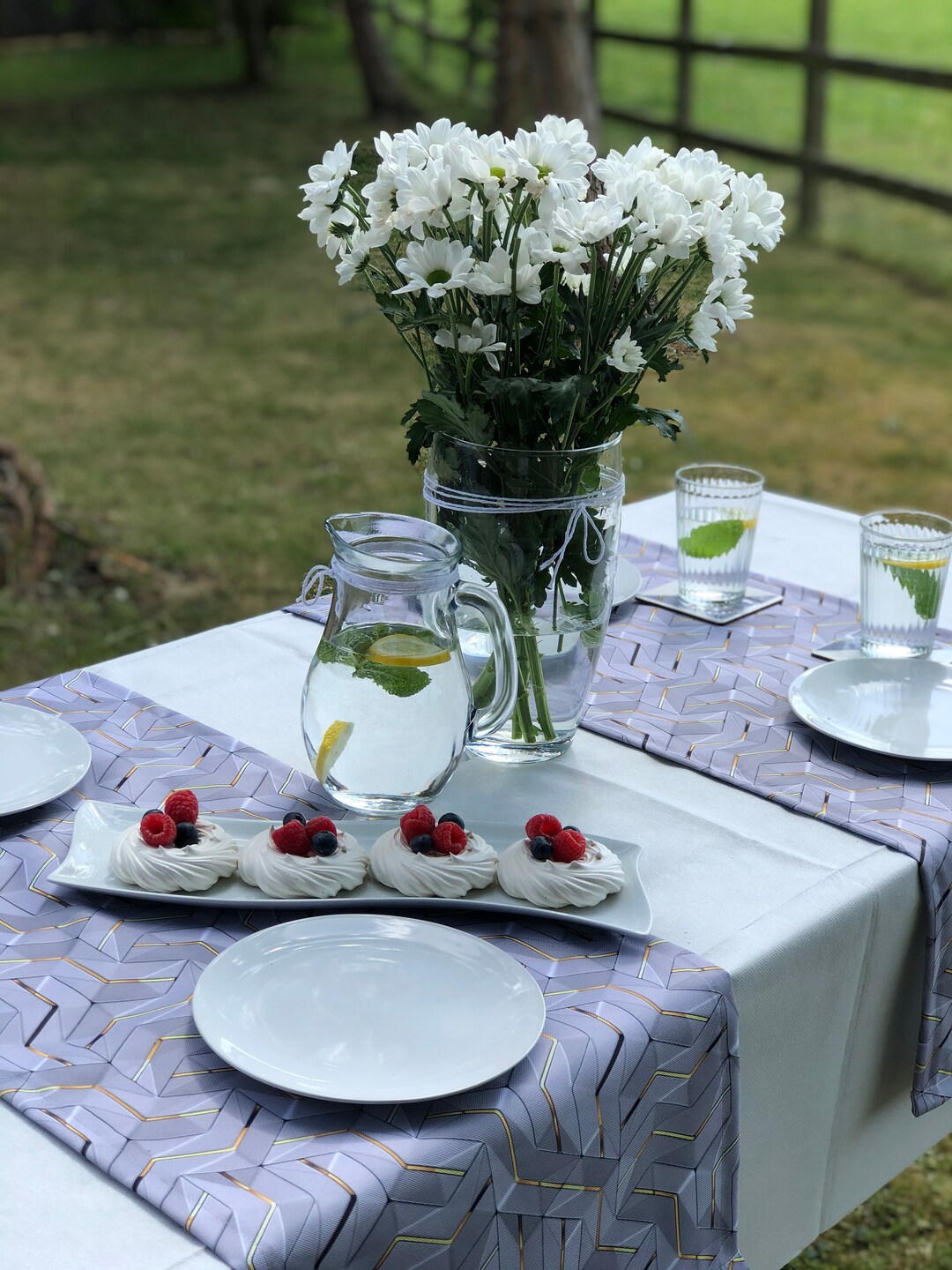 Waterproof Table Runner, Geometric Pattern, Outdoor and Indoor Dining