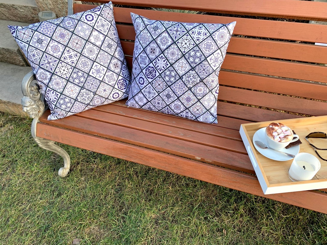 Waterproof Garden Cushion Cover, Grey Portuguese Tiles Pattern, Outdoor