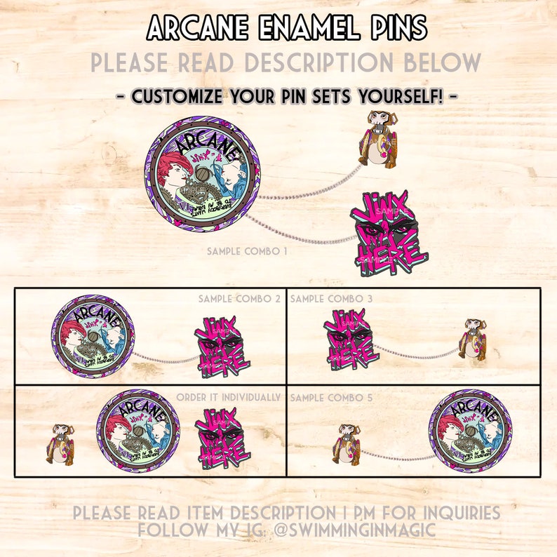 May include: A set of enamel pins featuring characters from the animated series Arcane. The pins are colorful and feature the characters Jinx and Vi. The pins are available in different combinations, including a set with a dog-like character.