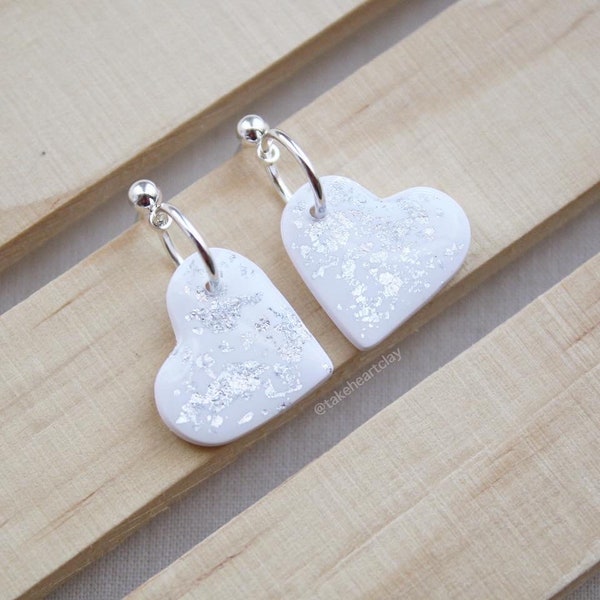 Clay Earring Heart Dangle - Silver w/ White